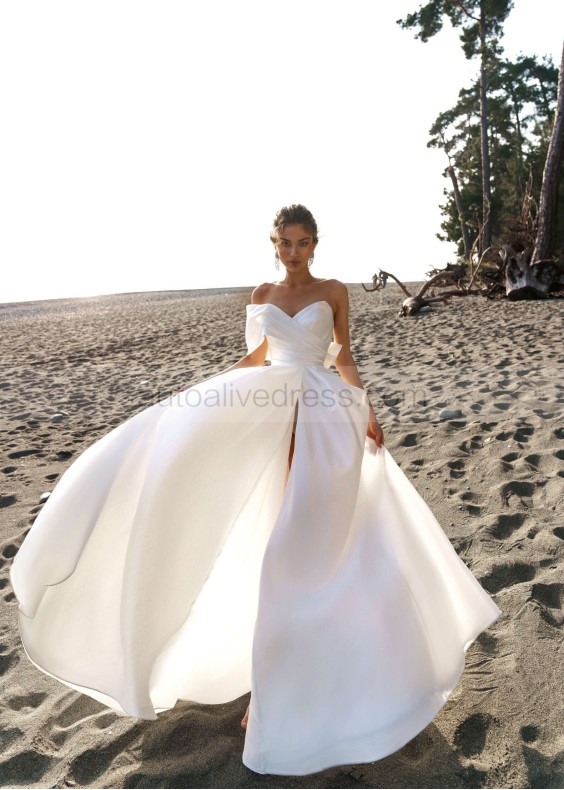 White Pleated Satin Slit Unusual Wedding Dress